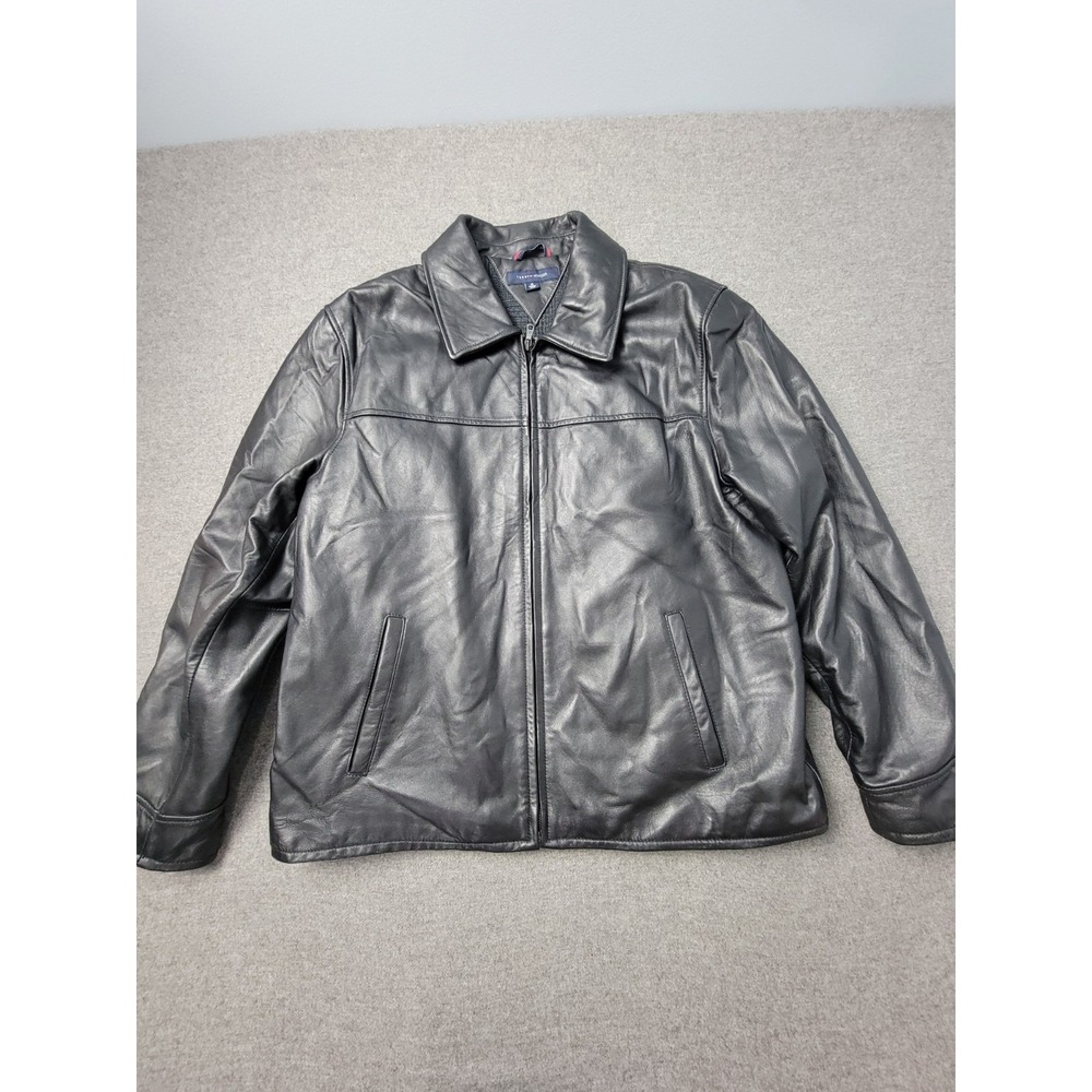 Tommy Hilfiger Men's Leather Jacket Black Zip Coat XL Lined Classic